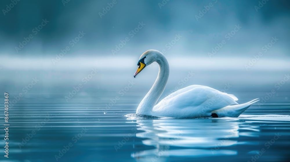 Swimming Whooper Swan in Blue Water with Copy Space at Milicz Ponds Poland Swimming Whooper Swan in Blue Water with Copy Space at Milicz Ponds Poland