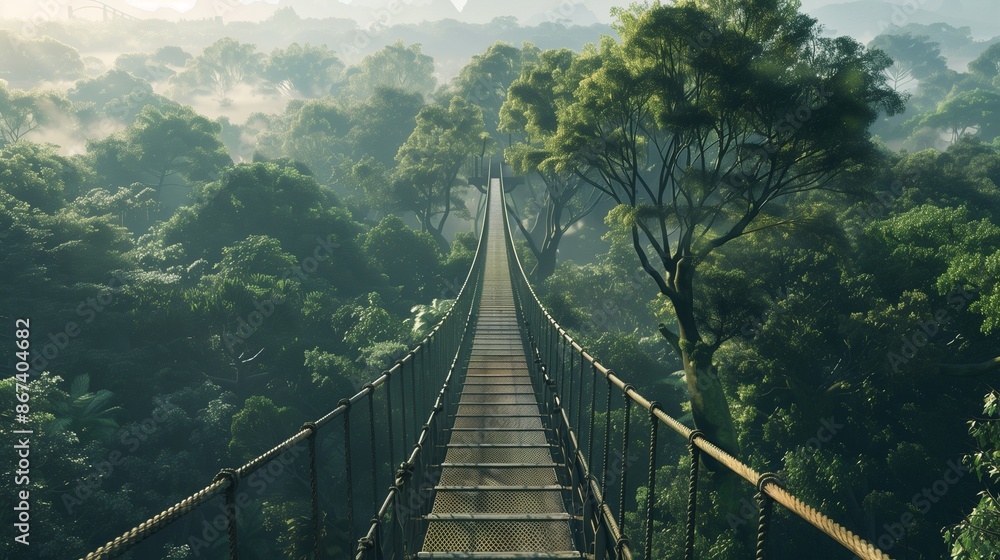 Obraz premium A canopy walkway high above the forest floor, offering a breathtaking view of endless treetops stretching into the horizon.