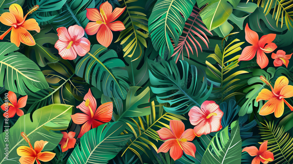 植物と花の背景。トロピカルなイラスト 植物と花の背景。トロピカルなイラスト