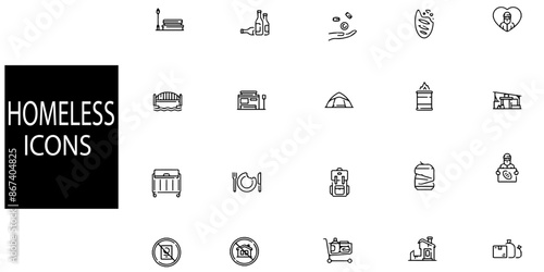 Set of 40 outline Homeless icons.Homeless line icons set.Vector illustration.
