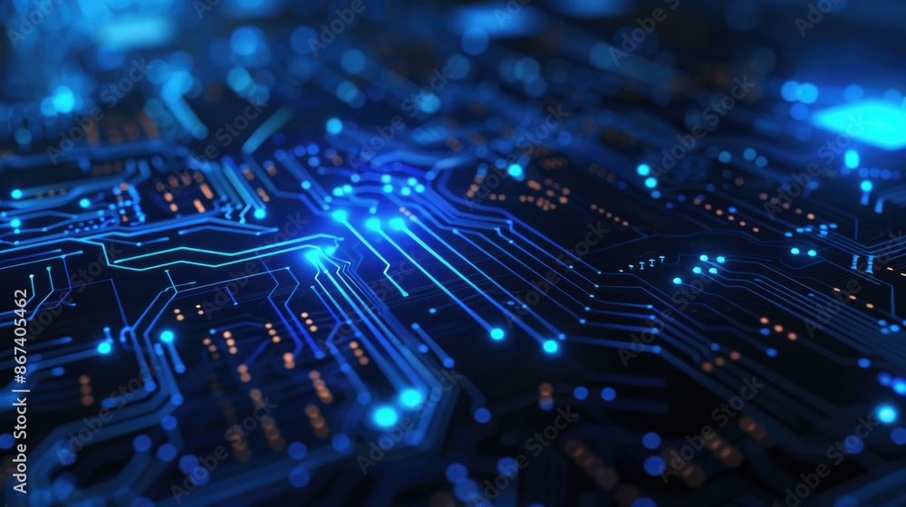 Close-up shot of a circuit board with blue LEDs lit, suitable for technology and electronics-related contexts Close-up shot of a circuit board with blue LEDs lit, suitable for technology and electronics-related contexts