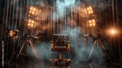 Directors chair illuminated by spotlights in a theater setting with stage curtains and film cameras around