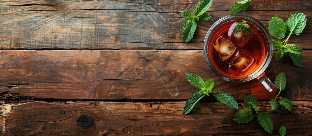 Refreshing summer beverage - tea or juice with ice and mint displayed on a wooden table, with space for text, in a horizontal layout Refreshing summer beverage - tea or juice with ice and mint displayed on a wooden table, with space for text, in a horizontal layout