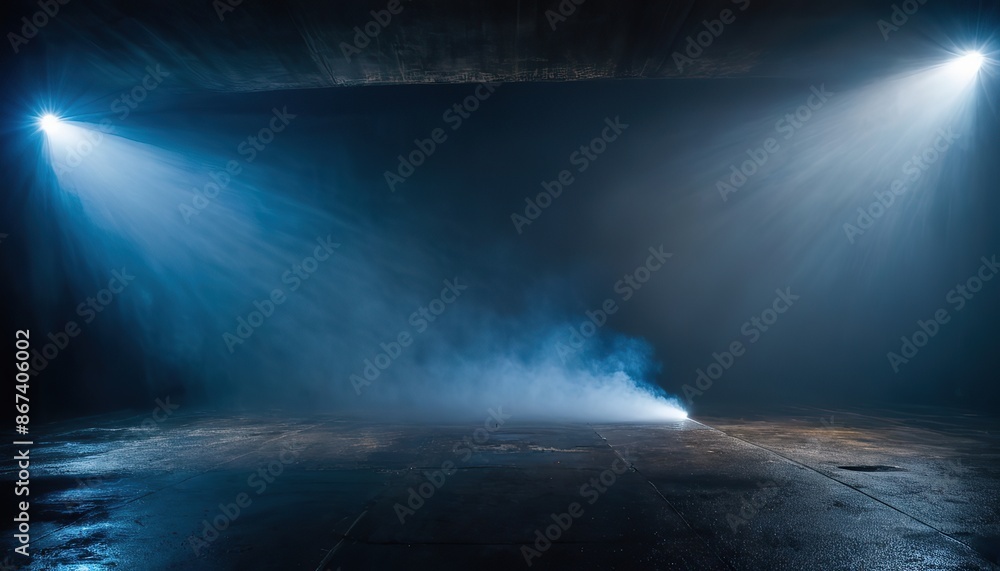 A low-angle shot of four spotlights illuminating a room filled with smoke, creating a mysterious and atmospheric scene A low-angle shot of four spotlights illuminating a room filled with smoke, creating a mysterious and atmospheric scene