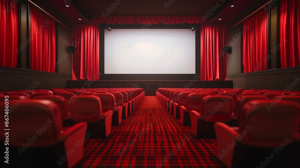 A classic cinema with no audience, red carpeted aisles, and a large screen ready for the next showing. A classic cinema with no audience, red carpeted aisles, and a large screen ready for the next showing.