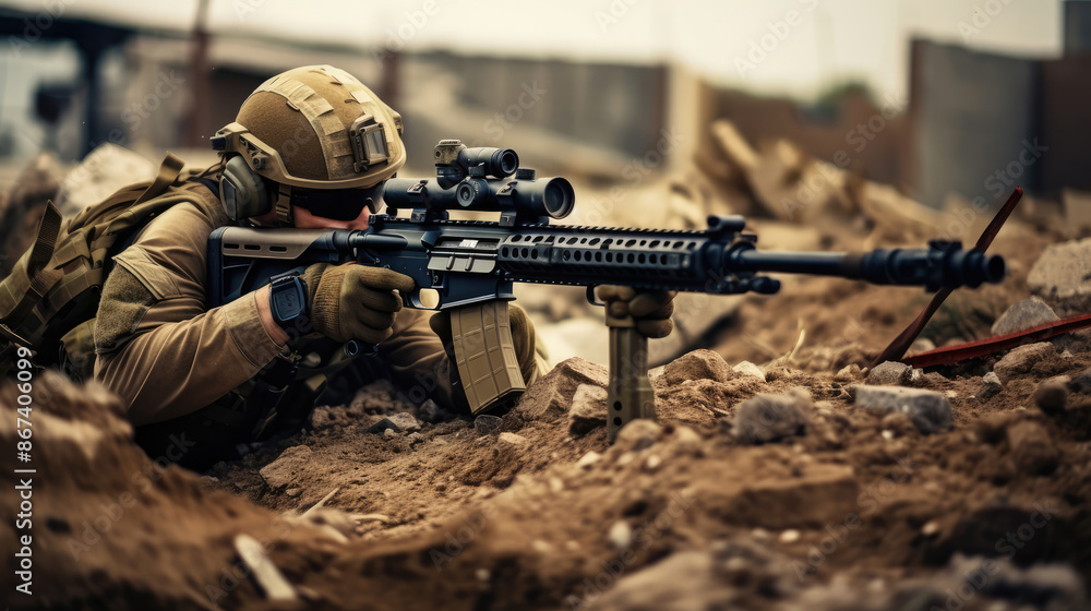 Sniper in which aiming from his modern rifle. sniper during the military operation. rifle target view on war zone Background., generative ai Sniper in which aiming from his modern rifle. sniper during the military operation. rifle target view on war zone Background., generative ai