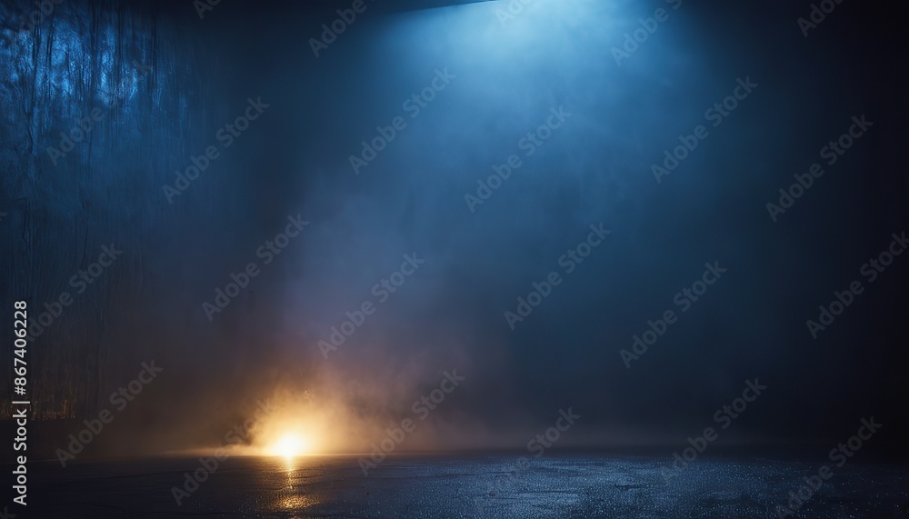 A dark empty room with a light on the ceiling and a beam of smoke.
A dark empty room with a light on the ceiling and a beam of smoke.