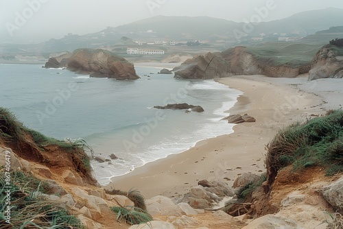 Foggy Coastal Landscape with Cliffs and Misty Shoreline for Nature and Travel Destinations photo