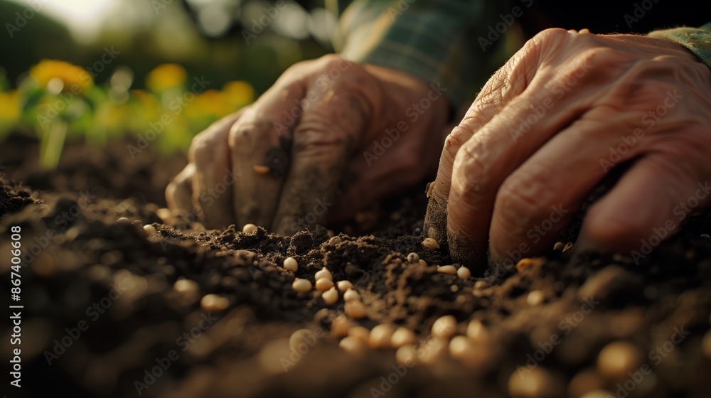 A close-up of a botanist's hands planting seeds in soil. A close-up of a botanist's hands planting seeds in soil.