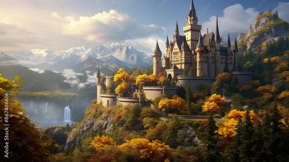 Fototapeta premium Medieval European castle surrounded by picturesque nature., generative ai