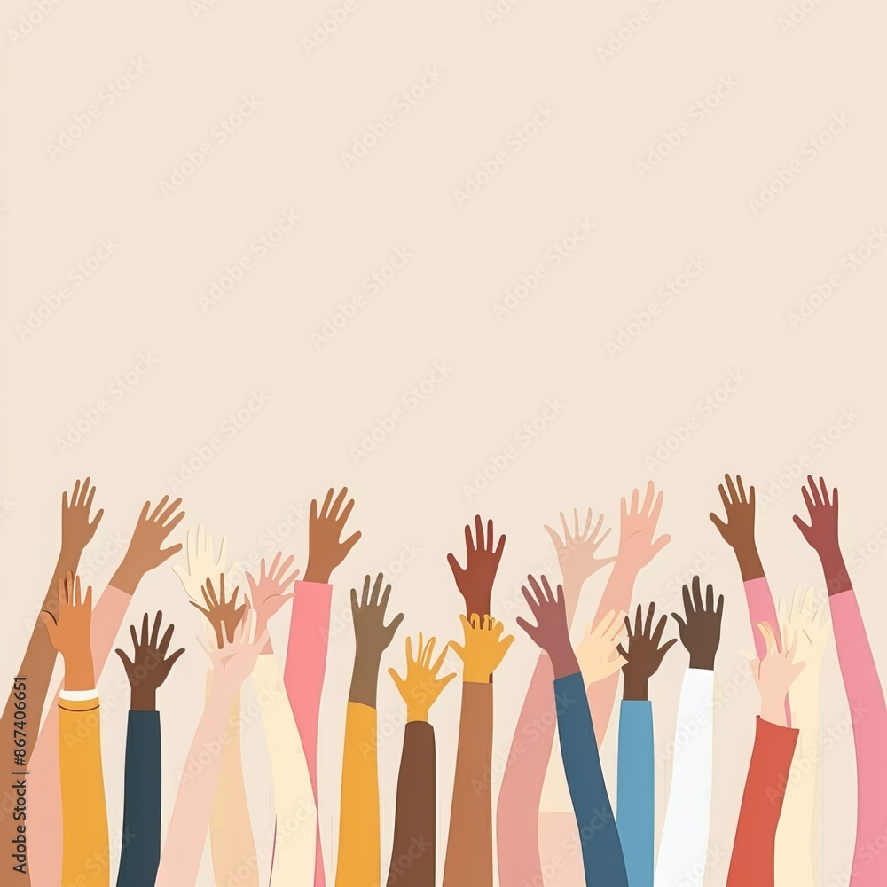 Flat vector illustration of people with different skin colors raising their hands. Unity concept. Generative AI