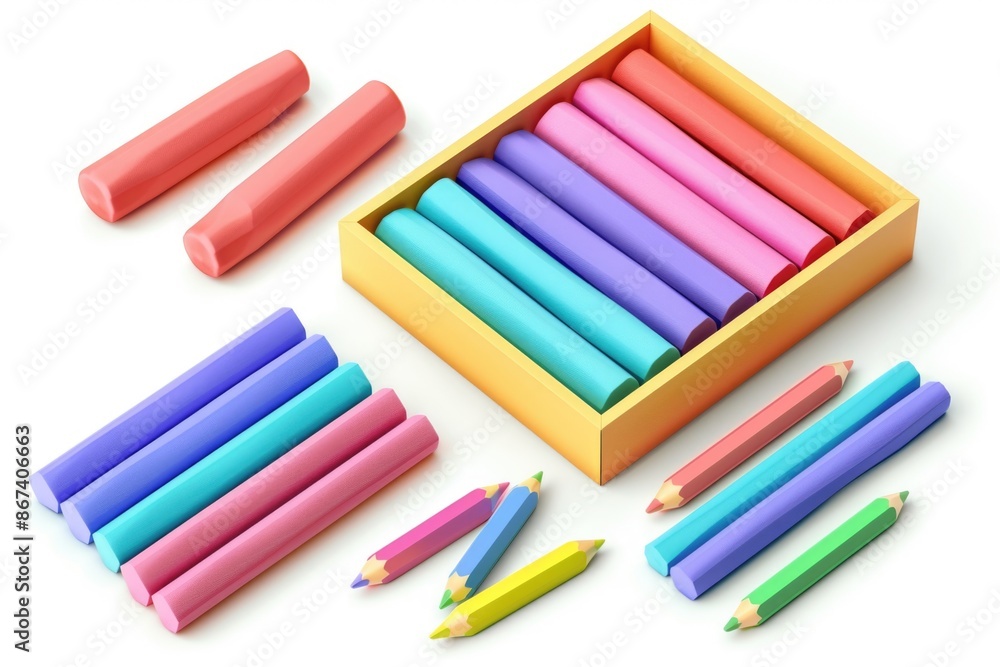 Colorful art supplies stacked on a table, ideal for illustrations, design and education Colorful art supplies stacked on a table, ideal for illustrations, design and education