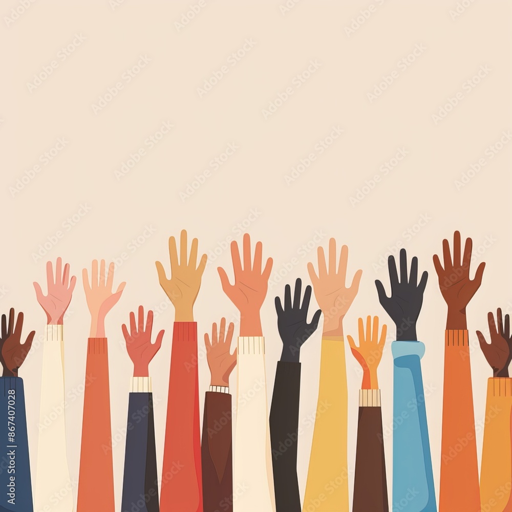 Flat vector illustration of people with different skin colors raising their hands. Unity concept. Generative AI Flat vector illustration of people with different skin colors raising their hands. Unity concept. Generative AI