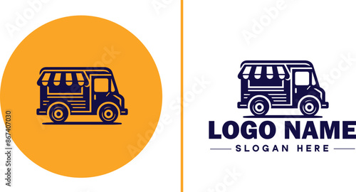 Food truck icon Mobile kitchen Food van Street food vendor flat logo sign symbol editable vector