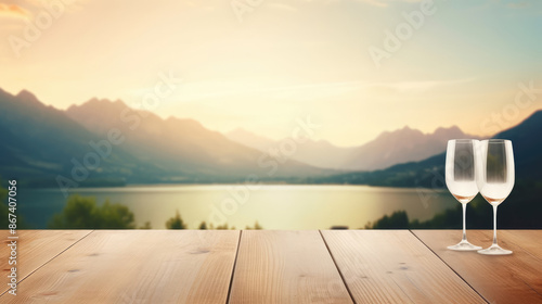 Fototapeta Naklejka Na Ścianę i Meble -  Empty wooden table top with with misty glass of white wine, blurred gorgeous view of Italian lake as a background. for mounting your product., generative ai