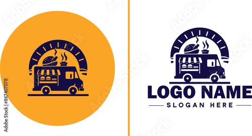 Food truck icon Mobile kitchen Food van Street food vendor flat logo sign symbol editable vector