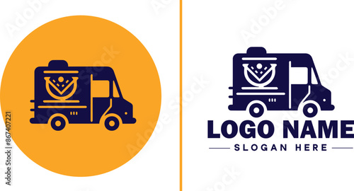 Food truck icon Mobile kitchen Food van Street food vendor flat logo sign symbol editable vector