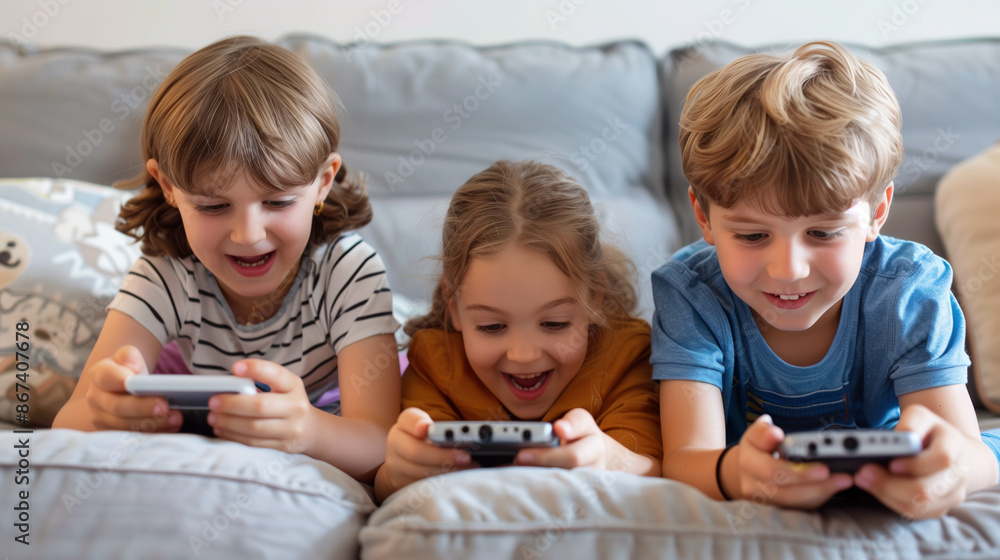 Digital Generation. Three children engrossed in handheld devices, sitting closely on a sofa. Digital Generation. Three children engrossed in handheld devices, sitting closely on a sofa.