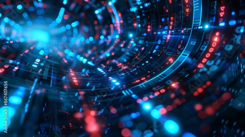 A visually stunning futuristic digital tunnel comprised of swirling blue and red lights, interspersed with binary code, representing advanced technology.