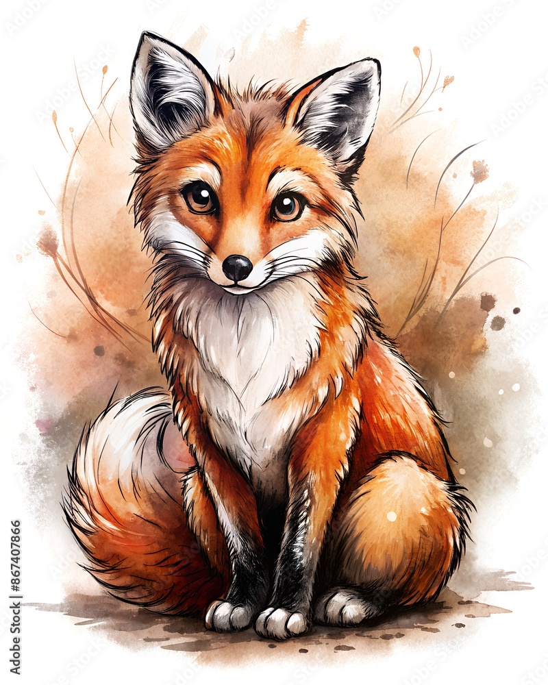 Obraz premium orange fox on brown background watercolour style