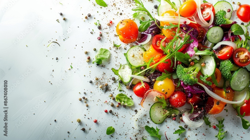 Fresh mixed vegetable salad in a mid-air splash, clear copy space, vivid and healthy eating Fresh mixed vegetable salad in a mid-air splash, clear copy space, vivid and healthy eating