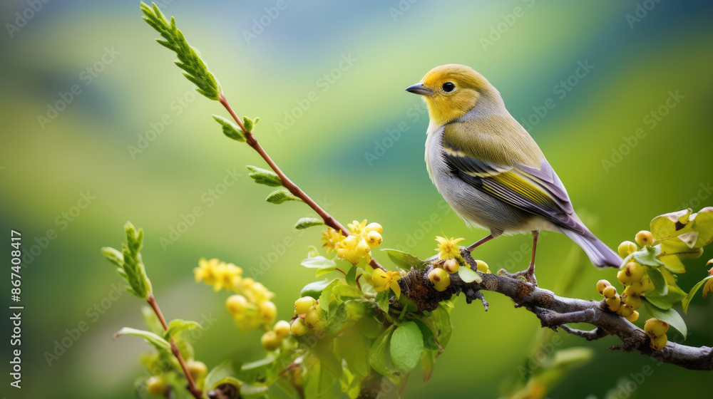 A verdin perches on vegetation in Mountains. animal wildlife,, generative ai A verdin perches on vegetation in Mountains. animal wildlife,, generative ai