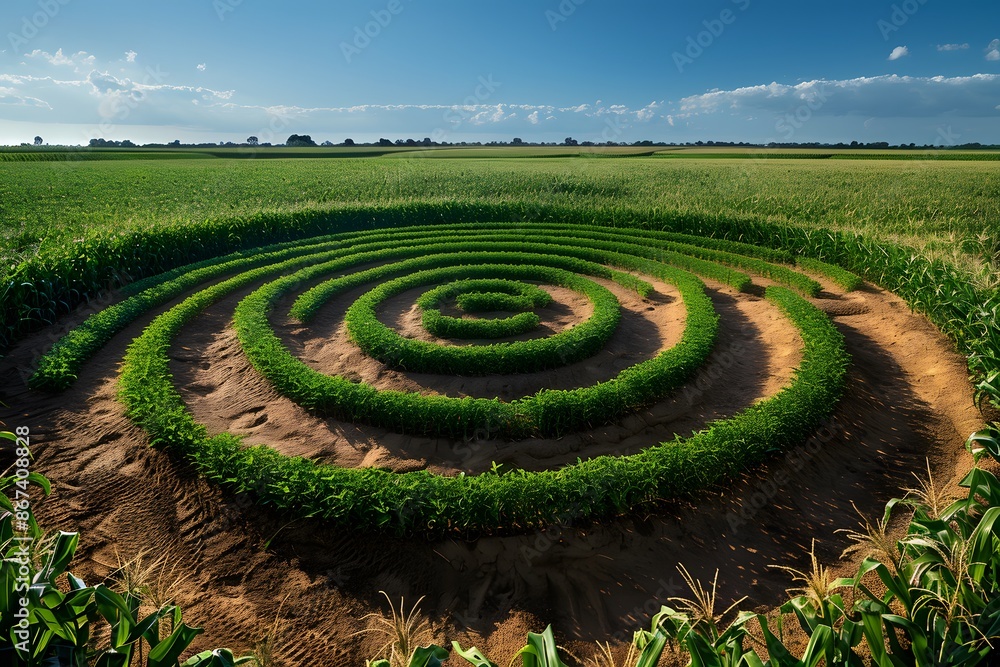 Aerial View of Mysterious Crop Circle in Verdant Cornfield - Concept of Mystical Agricultural Patterns for Print Design Aerial View of Mysterious Crop Circle in Verdant Cornfield - Concept of Mystical Agricultural Patterns for Print Design
