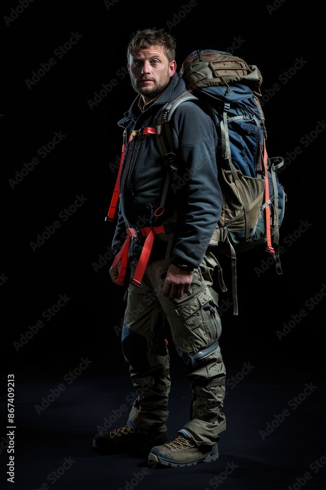 Full Body Front of Man with Adventure Hiking Backpack, Isolated on Black Background Full Body Front of Man with Adventure Hiking Backpack, Isolated on Black Background