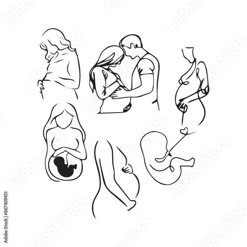 Maternity concept line art illustration. Pregnant women, woman with a newborn baby. Motherhood, maternity, hand drawn style vector illustrations.