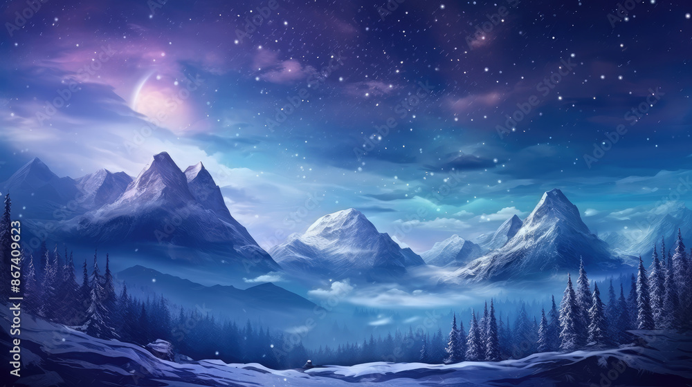 Starry sky with Magical Milky Way above mountains at night in winter. Gorgeous Mountain winter Landscape with valley and clouds, generative ai Starry sky with Magical Milky Way above mountains at night in winter. Gorgeous Mountain winter Landscape with valley and clouds, generative ai