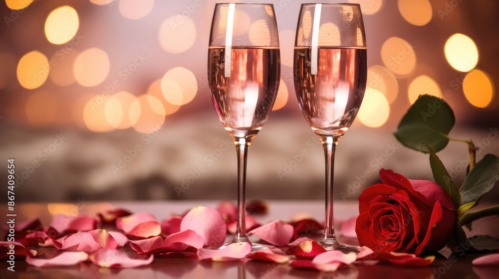 Two glasses of champagne with romantic rose petals with bokeh background. Valentine Day banner, generative ai Two glasses of champagne with romantic rose petals with bokeh background. Valentine Day banner, generative ai