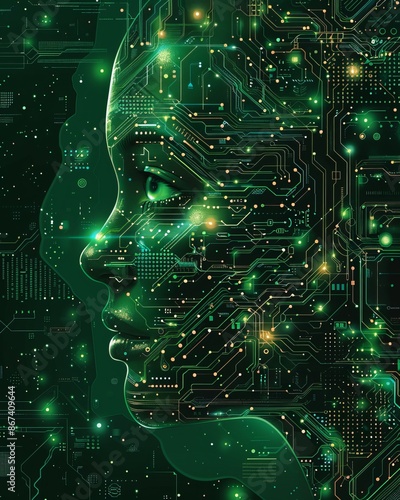 This image showcases a futuristic digital artwork that features a human silhouette with glowing green circuit patterns, symbolizing the fusion of technology and humanity. photo