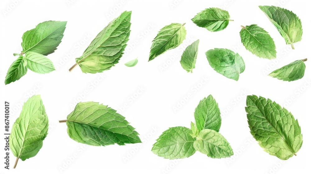 A collection of green leaves arranged on a white surface A collection of green leaves arranged on a white surface