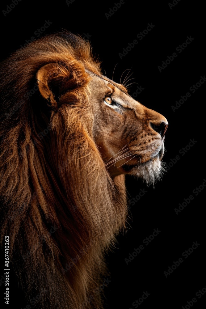 A close-up shot of a lion's face on a black background, great for use in designs and compositions where a bold, majestic animal is needed A close-up shot of a lion's face on a black background, great for use in designs and compositions where a bold, majestic animal is needed