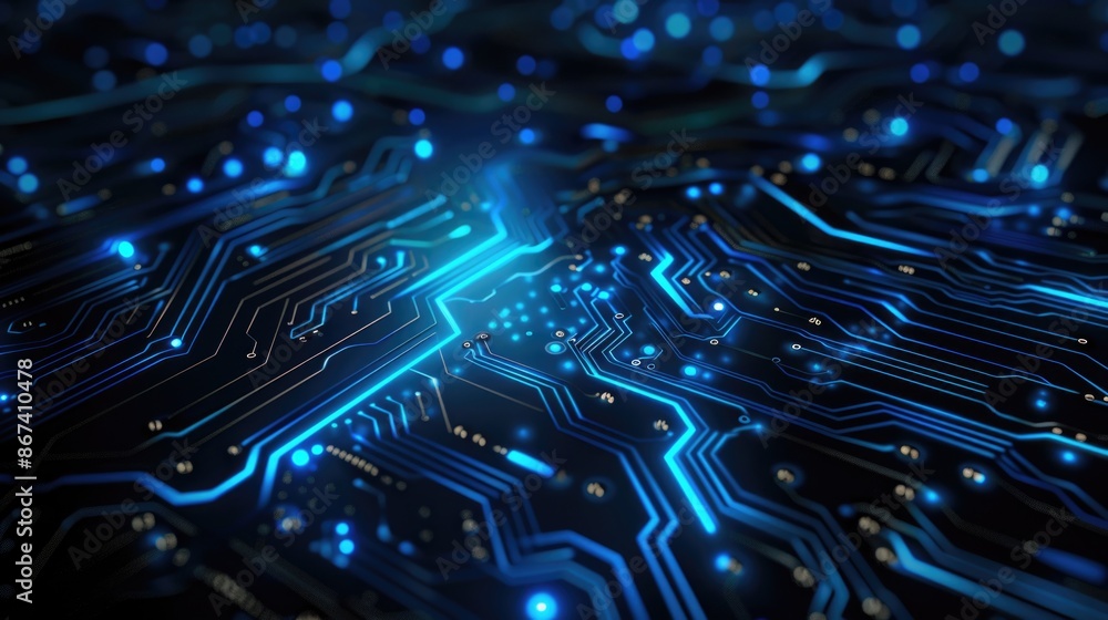 Close-up shot of a circuit board featuring blue LED lights Close-up shot of a circuit board featuring blue LED lights