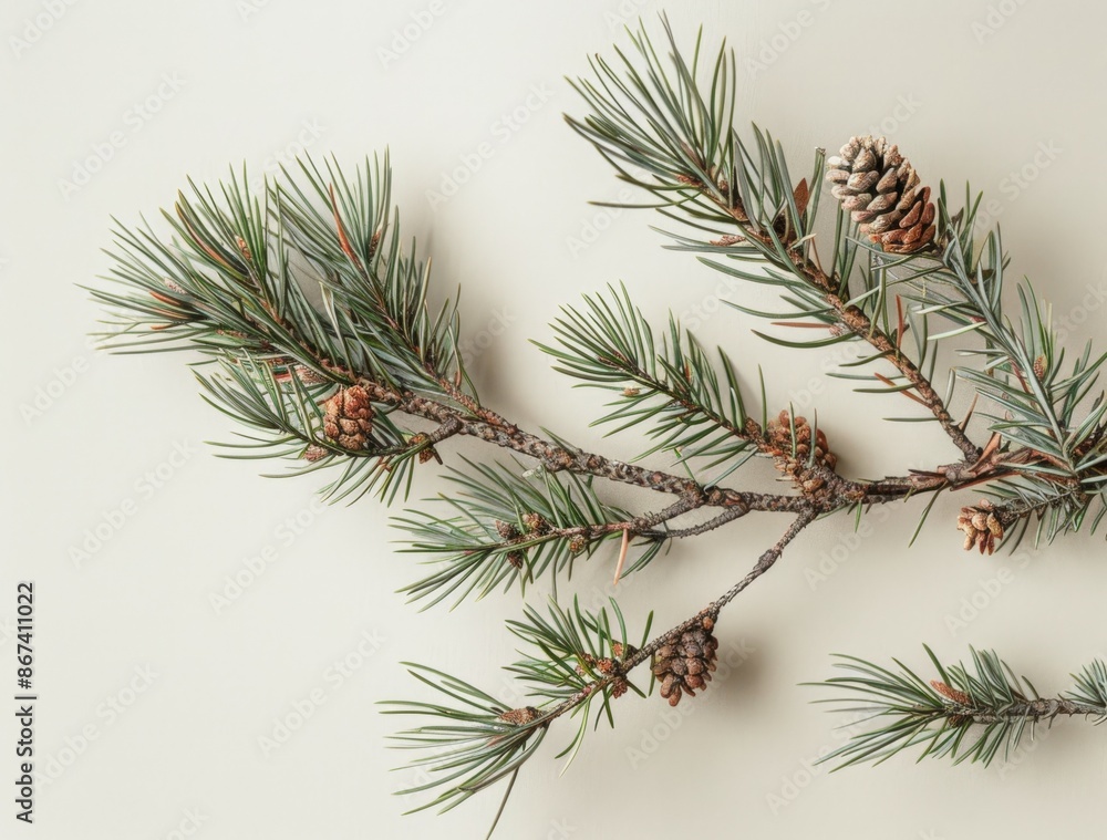 Natural Pine Sprig Branch on a Gray Background Natural Pine Sprig Branch on a Gray Background