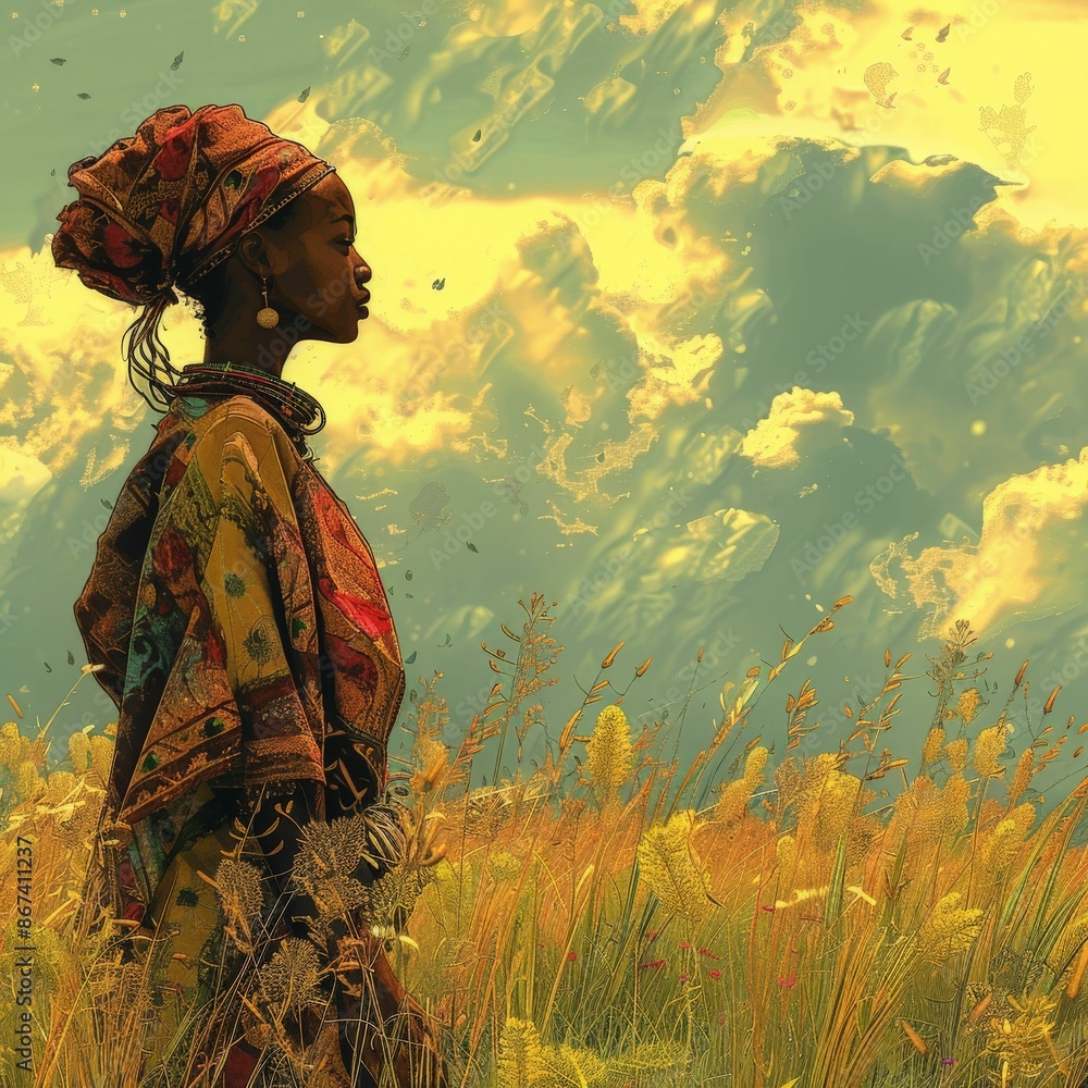 Fototapeta premium Woman in colorful traditional attire stands in a grassy field under dramatic skies, evoking natural beauty and cultural pride.