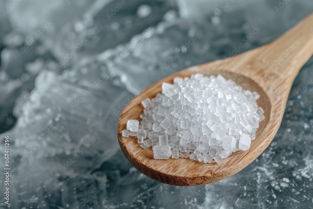 A wooden spoon filled with white sugar sitting on top of a block of ice A wooden spoon filled with white sugar sitting on top of a block of ice