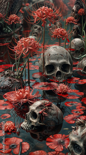 彼岸花と骸骨の池(縦)  Red spider lily and skeleton pond   Generative AI
