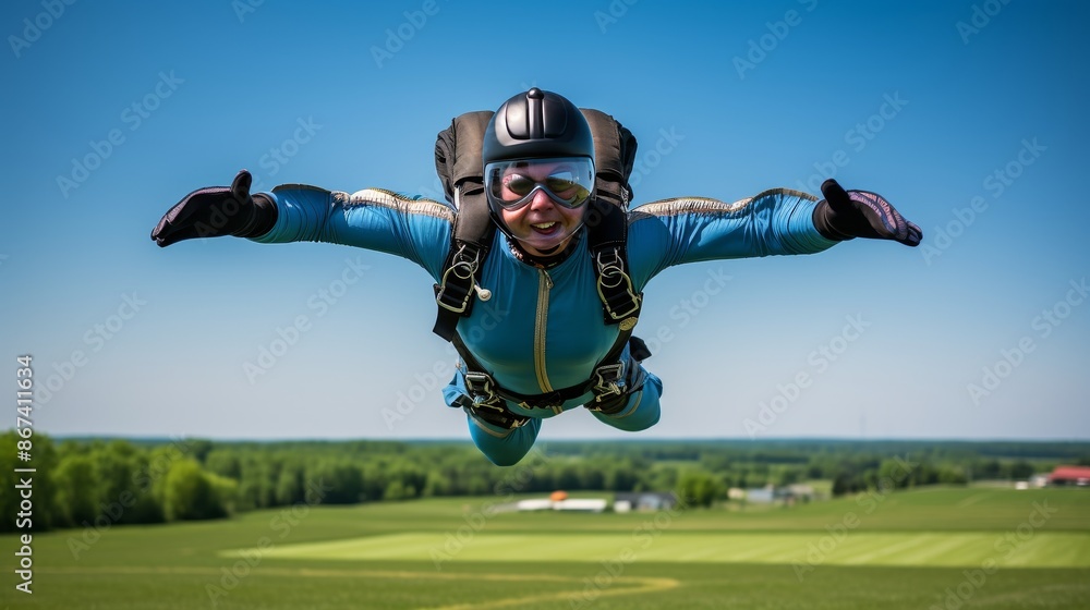 Obraz premium Telephoto lens shot skydiver s intense emotions landing gracefully on grassy field