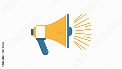 A stylized illustration of a megaphone. The megaphone is predominantly yellow with a blue handle. It emits rays or lines emanating from its side, suggesting it's in use or making an announcement.