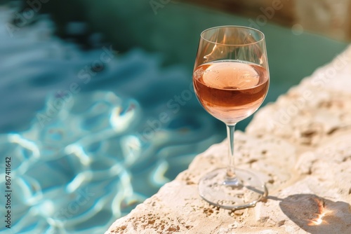 Glass of Rose Wine by the Poolside on a Sunny Day