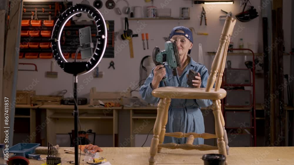 Elderly woman blogger with camera repainting old wooden chair with grinding machine to remove the old coating and recording tutorial video. blogging, furniture restoration and home improvement