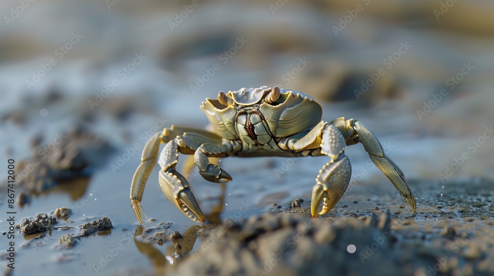 A crab scuttling across wet sand, leaving tiny trails behind it. A crab scuttling across wet sand, leaving tiny trails behind it.