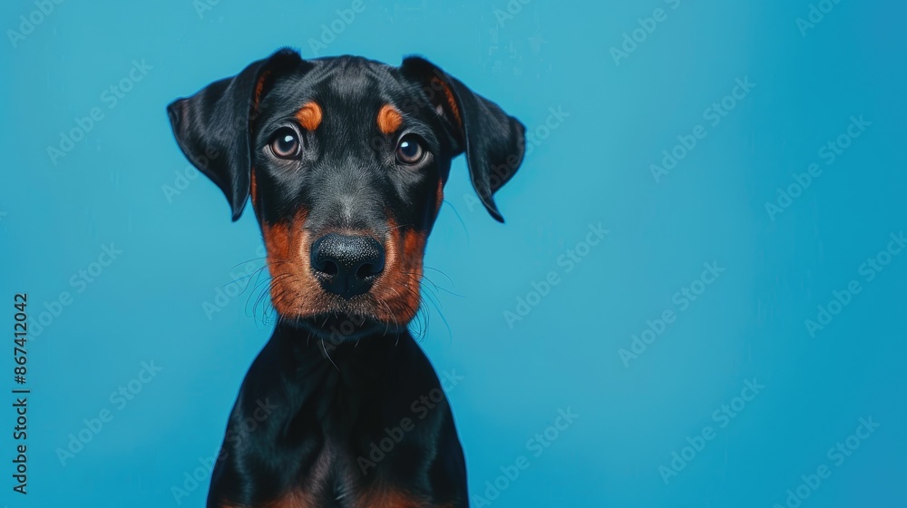 Portrait of Doberman puppy gazing at the camera in a blue pet studio setting Portrait of Doberman puppy gazing at the camera in a blue pet studio setting