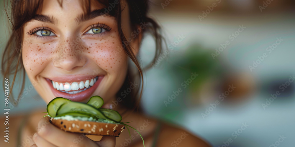 A beautiful young woman about to eat a delicious vegetable toast. Concept of nutrition, healthy eating, and balanced diet. A beautiful young woman about to eat a delicious vegetable toast. Concept of nutrition, healthy eating, and balanced diet.