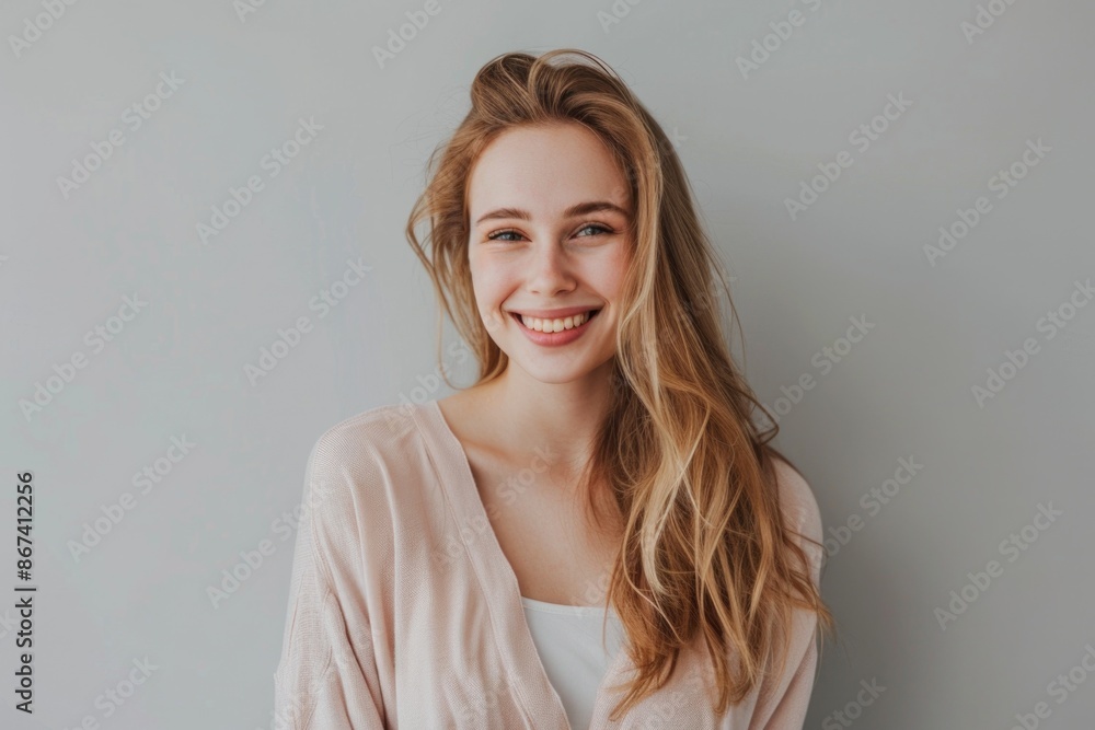 A portrait of a happy woman with long blonde hair and a bright smile A portrait of a happy woman with long blonde hair and a bright smile