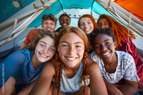 A multiethnic group of girls and boys taking a selfie for memories in a summer camp tent. Concept of vacation, summer camps, and friendship.