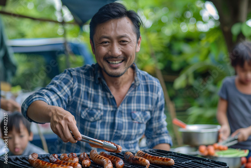 An Asian man in a checkered shirt barbecuing for his family in the garden. Concept of summer, family gatherings, and outdoor activities.