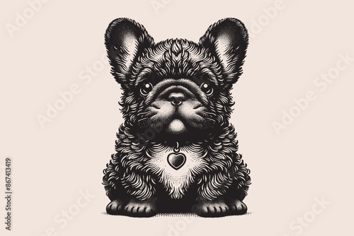 Fluffy French bulldog. Cute dog, puppy. Engraving contour black and white illustration. Emblem, logo, isolated object, vector